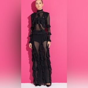 Kikiriki Elegant Black Sheer Ruffle Dress